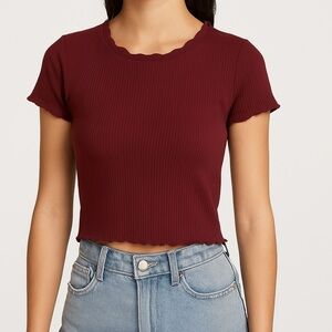 NWOT BP. Cropped Burgundy Short Sleeve Ribbed Lettuce EdgeTee Size Small
